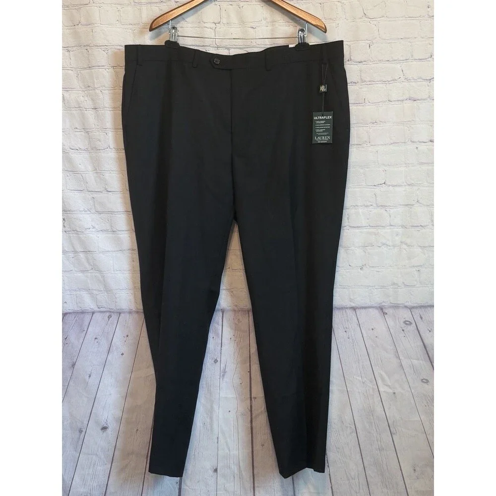 NWT Lauren Ralph Lauren Ultraflex Dress Pants Mens 44x32 Black Wool Flat Front